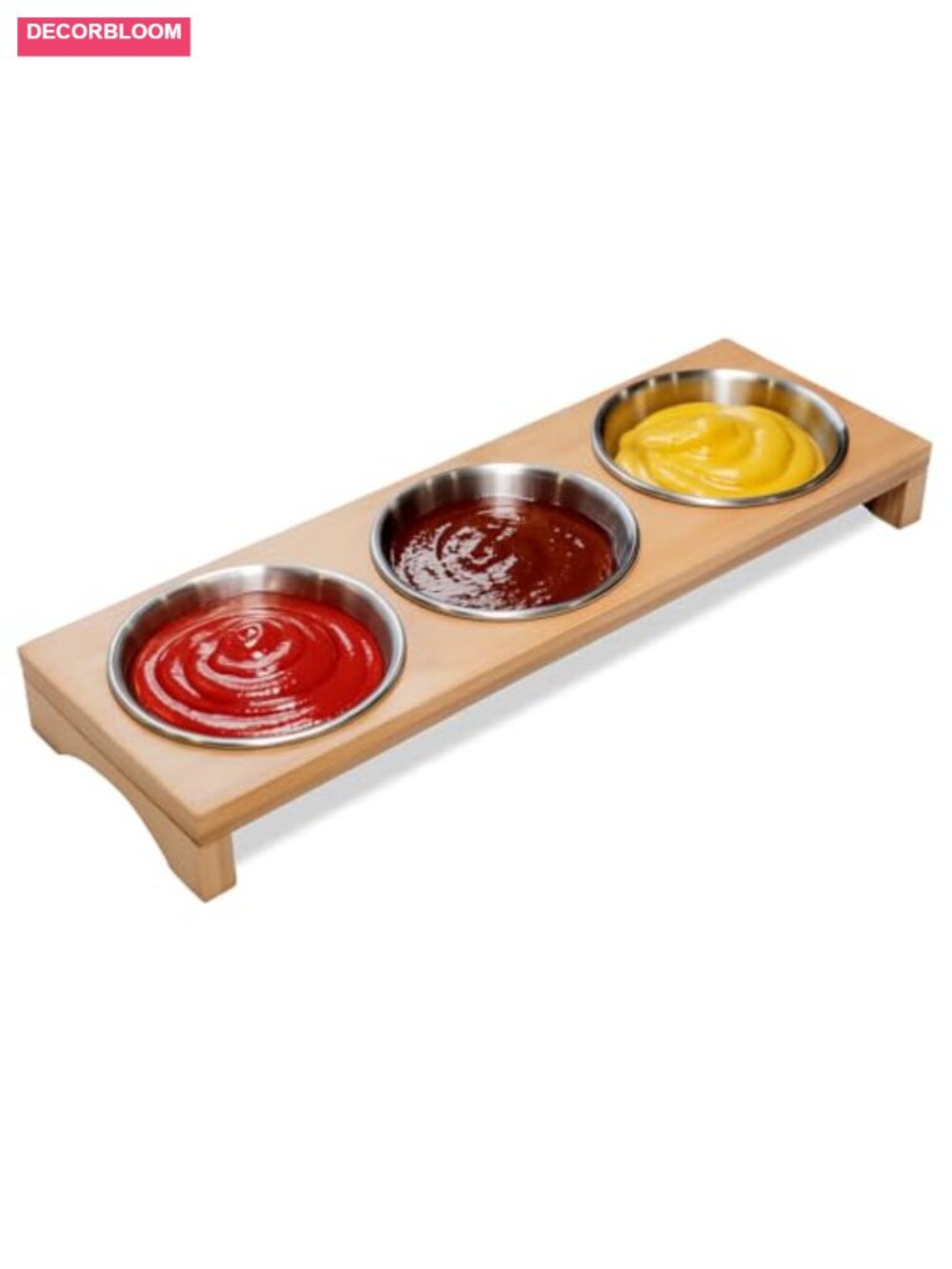 Stainless Steel Bamboo Chip & Dip Serving Set 3-Bowl Tray Ramekins